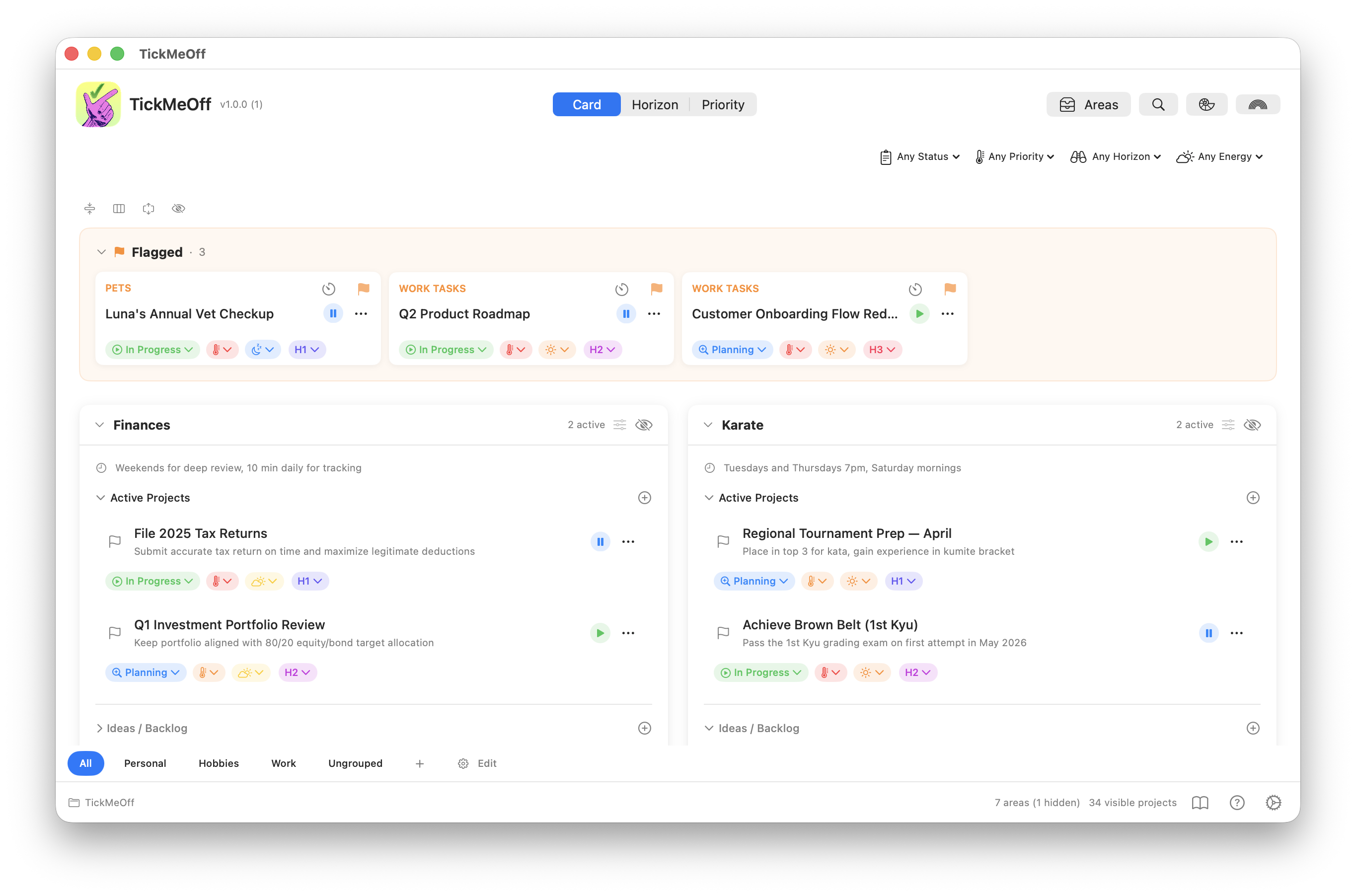 TickMeOff main view on macOS showing areas and projects