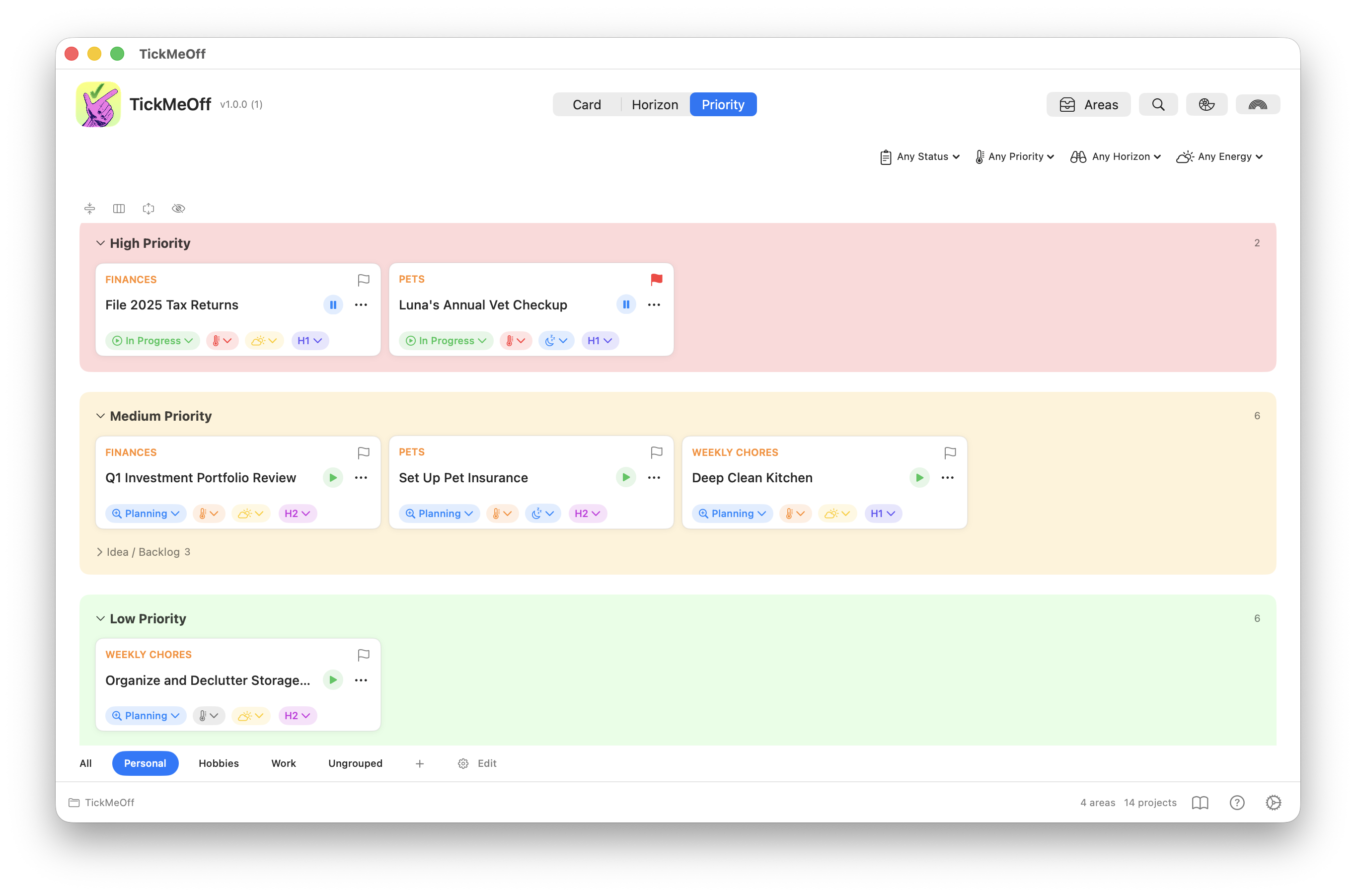 TickMeOff priority view showing tasks sorted by urgency