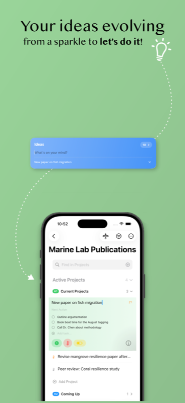 TickMeOff on iPhone — your ideas evolving from a sparkle to let's do it