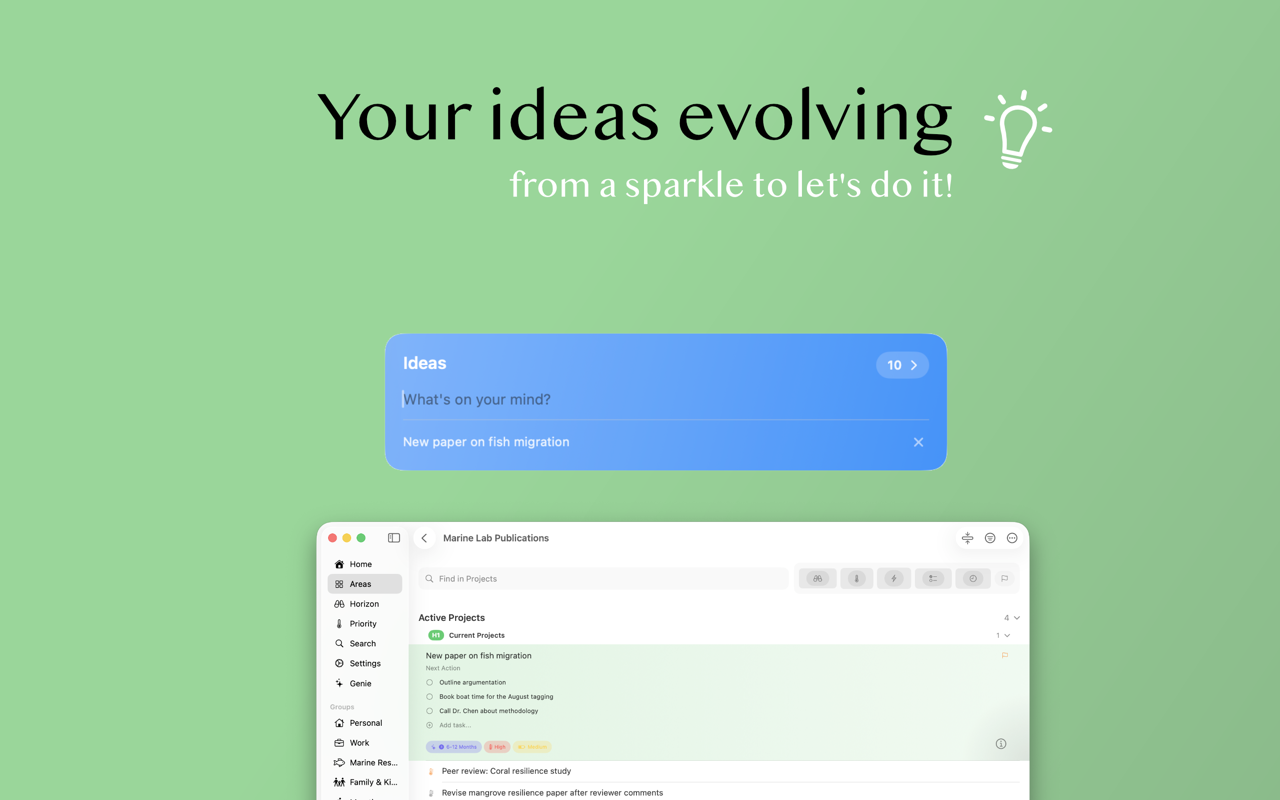 TickMeOff on Mac — your ideas evolving from a sparkle to let's do it