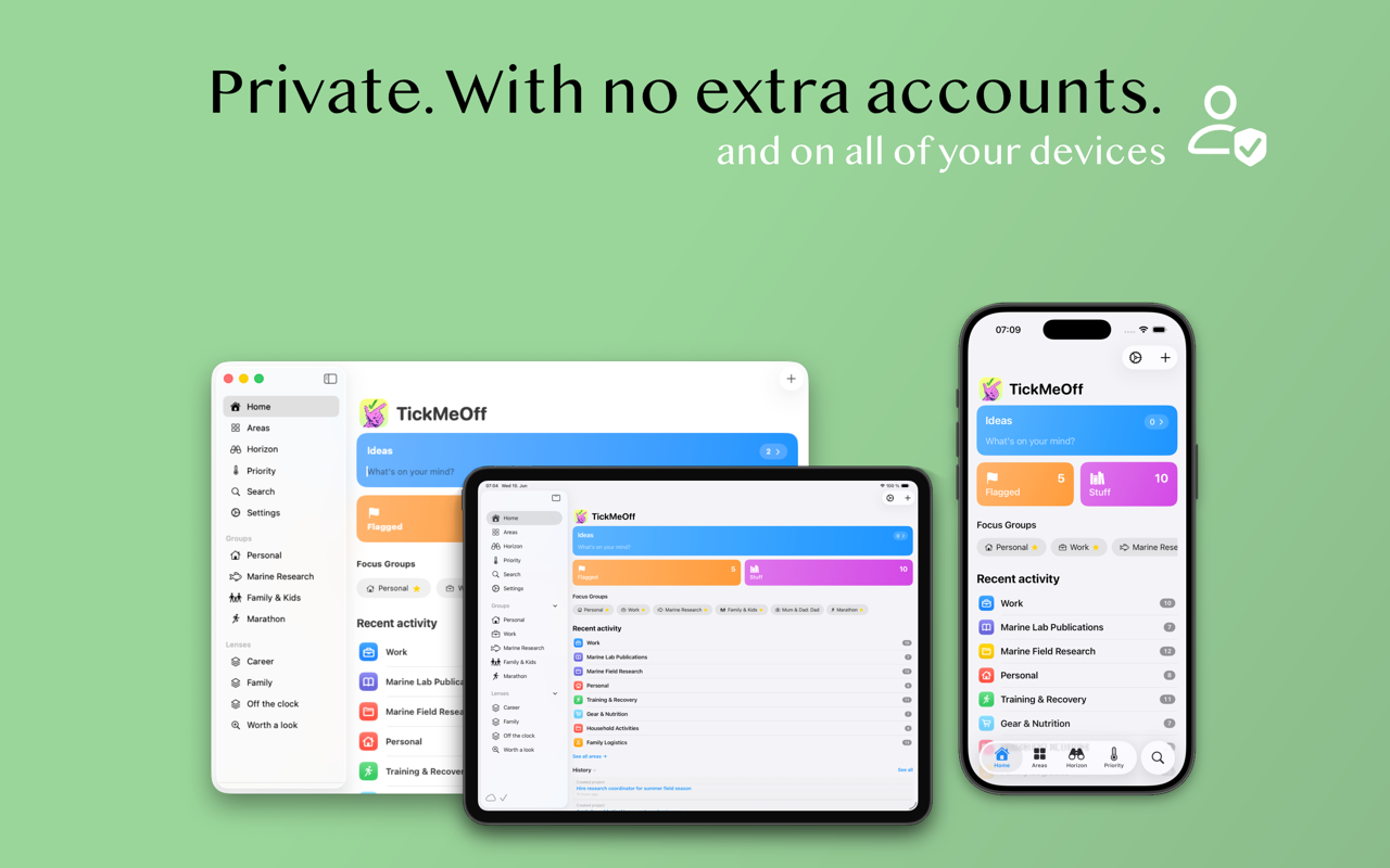 TickMeOff on Mac — private, with no extra accounts, on all your devices