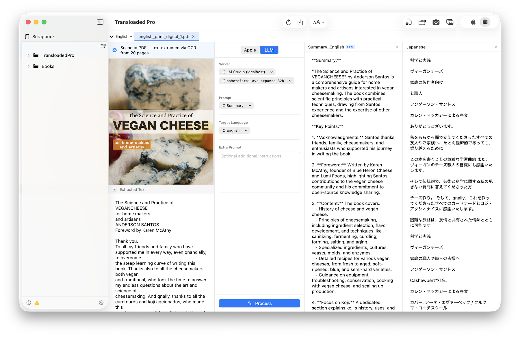 Transloaded Pro displaying, showing english source, japanese translation and french summary using LLMs