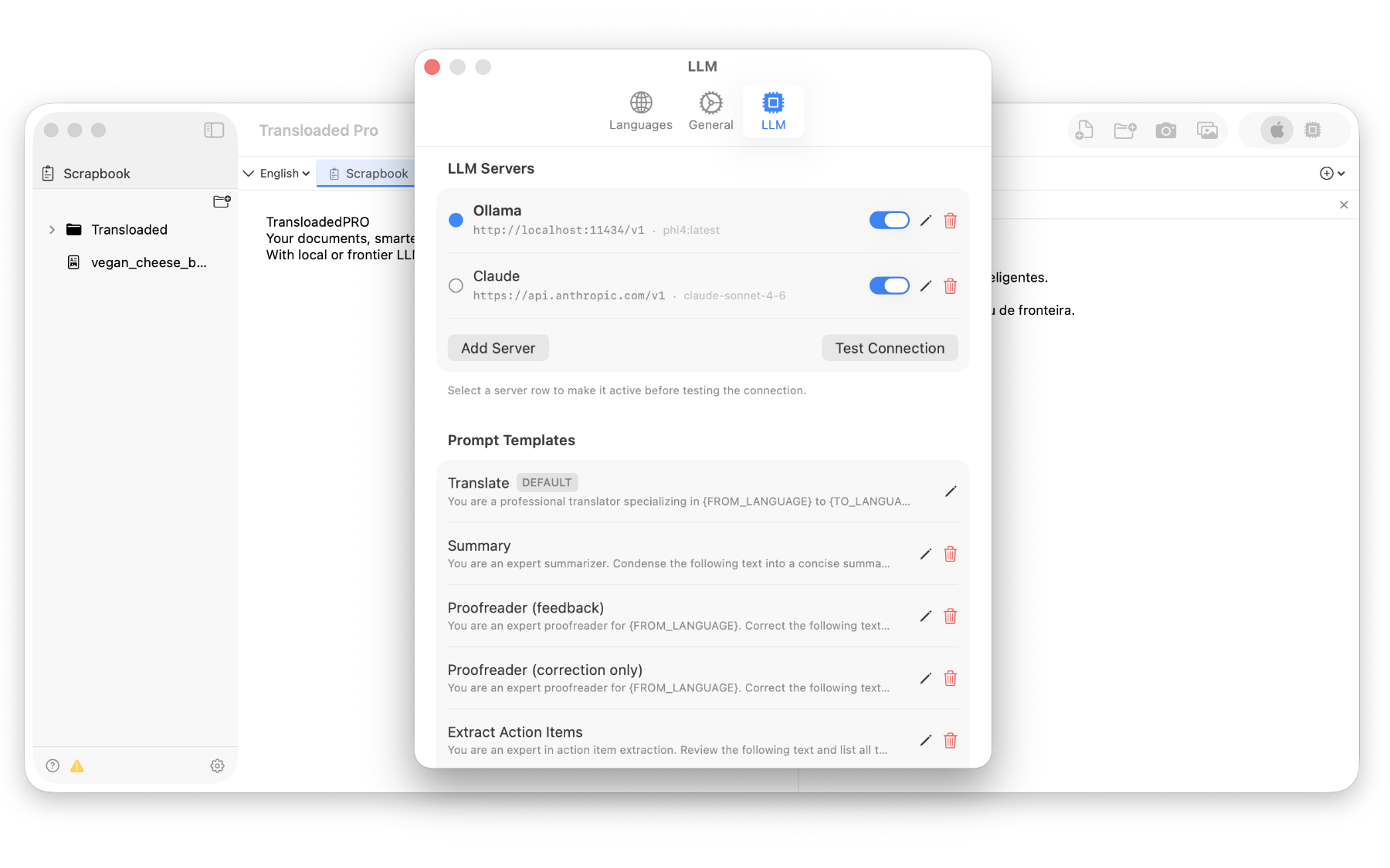 Transloaded Pro LLM settings like servers and custom prompts